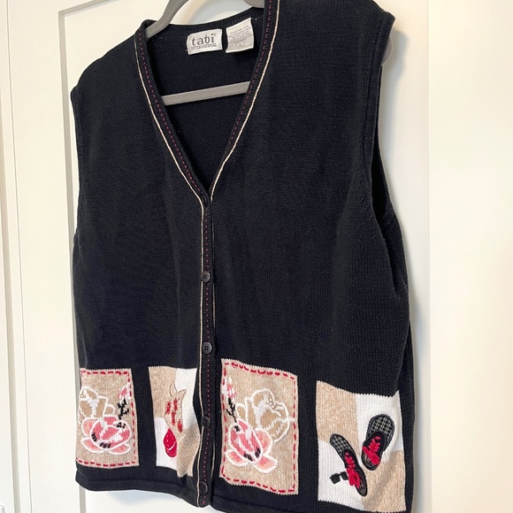 Tabi Black Cotton Cardigan Vest with Playful Embroidered Graphics - Picture 2 of 9